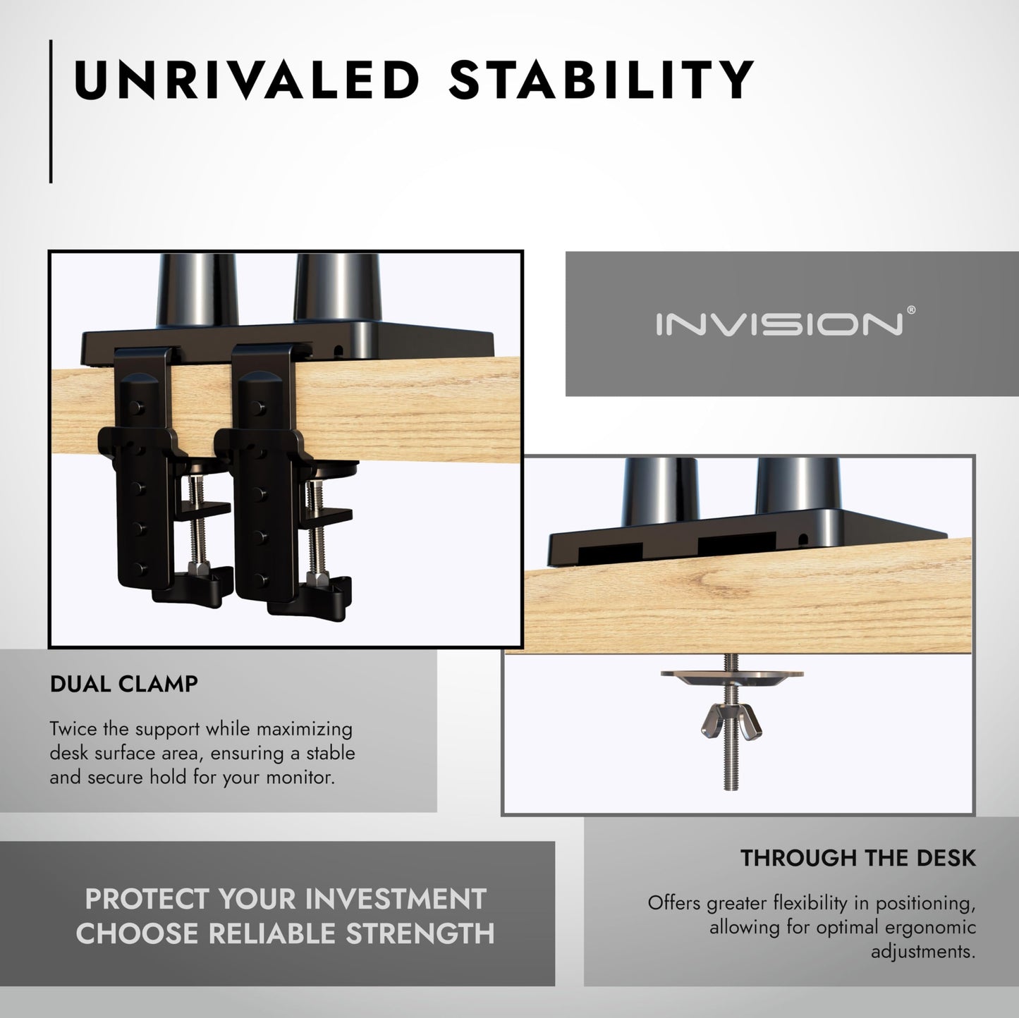 Invision dual monitor mount for 24-35 inch screens VESA 75mm & 100mm Adjustable height Tilt Swivel & Rotate Ergonomic Gas spring desktop clamp mount Supports 2kg-15kg (MX900)