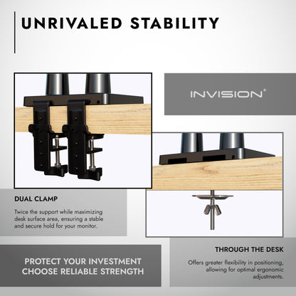 Invision dual monitor mount for 24-35 inch screens VESA 75mm & 100mm Adjustable height Tilt Swivel & Rotate Ergonomic Gas spring desktop clamp mount Supports 2kg-15kg (MX900)