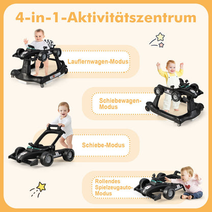 DREAMADE 4-in-1 auto-shaped baby walker with adjustable speed, music & lights. Height adjustable and foldable, suitable for babies aged 6 months and older.