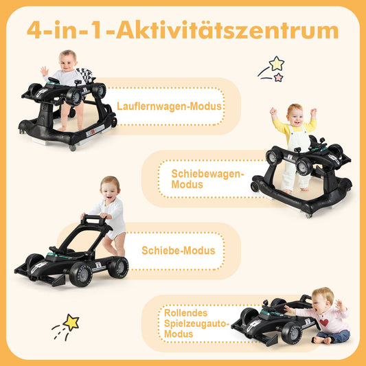 DREAMADE 4-in-1 auto-shaped baby walker with adjustable speed, music & lights. Height adjustable and foldable, suitable for babies aged 6 months and older.