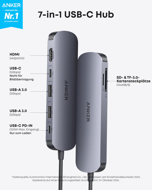 Anchor 7-in-1 USB-C Hub with 4K@60Hz HDMI, 100W Power Delivery, USB-A/C 3.0 Ports, and SD/microSD card reader for USB-C devices (without power adapter)