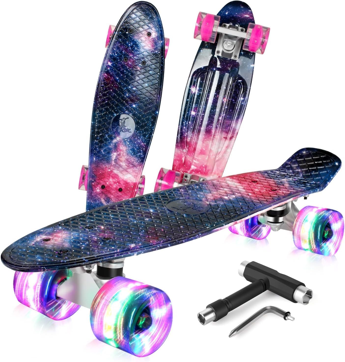 BELEEV 22-inch Kids Skateboard with LED Light-up Wheels, Complete Mini Cruiser Skateboard for Kids Teens Adults, LED Light-up Wheels with All-in-one Skate T-Tool for Beginners