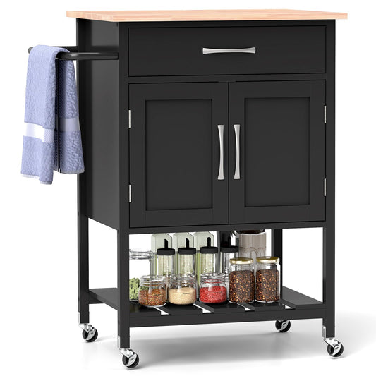 COSTWAY Kitchen Cart with Countertop, Serving Cart with Wheels, Rolling Cart with Drawer & 2-door Cabinet & Bottom Tray & Towel Holder, Kitchen Island for Kitchen, Dining Room, and Bar (Black)