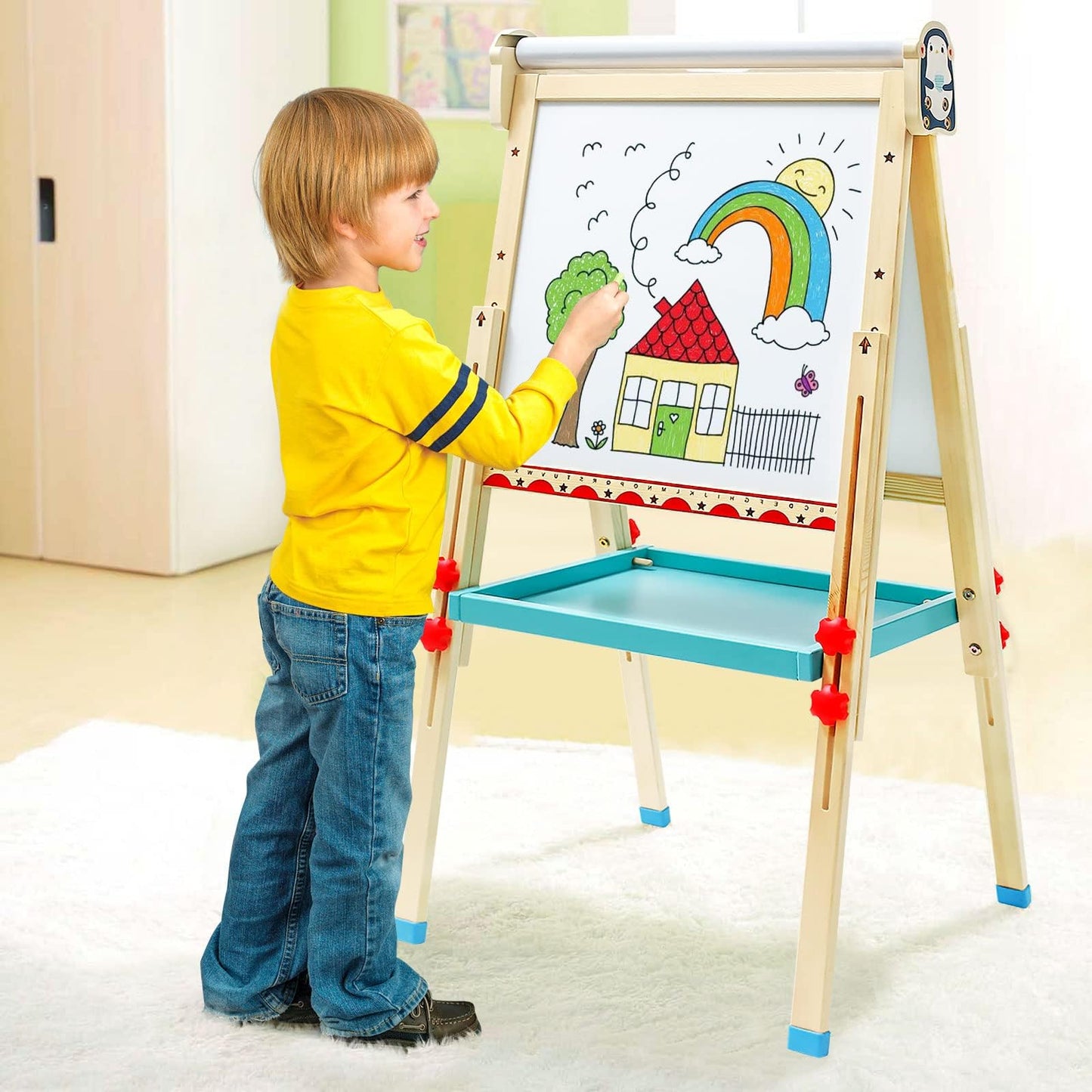 Children's easel with paper roll, double-sided whiteboard and chalkboard. Adjustable standing easel with numbers and other accessories for kids and toddlers.