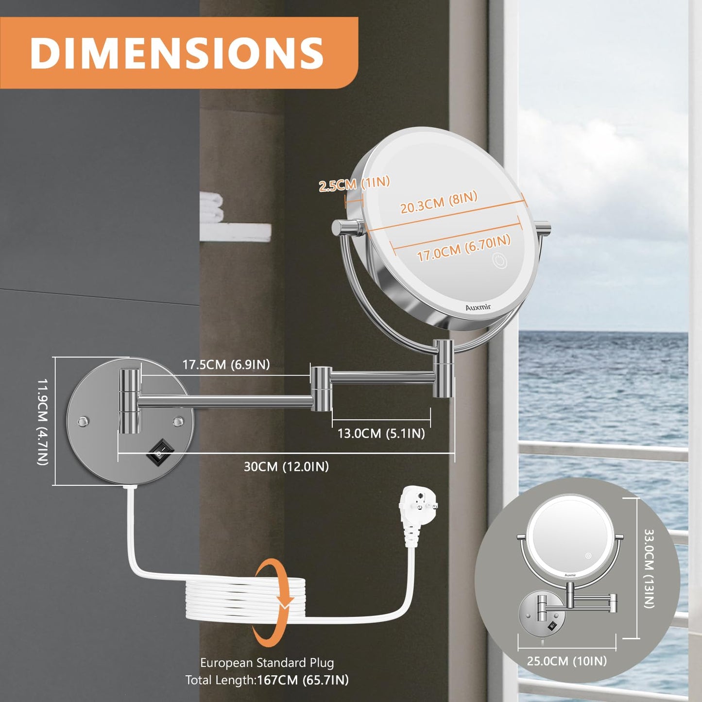 Auxmir makeup mirror with LED lighting, 1X / 5X magnification, double-sided stainless steel vanity mirror, wall-mounted for bathroom, spa, and hotel.
