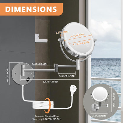 Auxmir makeup mirror with LED lighting, 1X / 5X magnification, double-sided stainless steel vanity mirror, wall-mounted for bathroom, spa, and hotel.