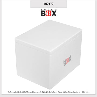 THERM-BOX Styrofoam box 19W Inside: 34x23x24cm Wall: 3cm Volume: 19.58L Insulated box Cooler box Insulated lunch box Reusable
