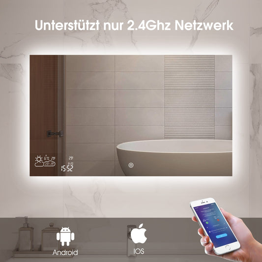 Goodbye cold LED bathroom mirror anti-fog 100x60CM, fog-free bathroom mirror with touch switch, wall mirror light mirror with date, smart mirror & integrated weather station, horizontal.