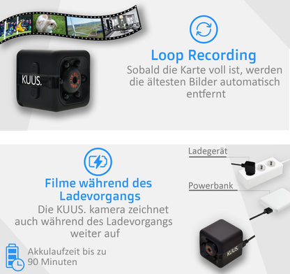 KUUS.® C1 Mini Surveillance Camera 2.3 cm | Indoor surveillance camera with night vision & motion sensor | Full HD 1080P Micro Camera without WLAN with recording 32GB SD card for indoor use.