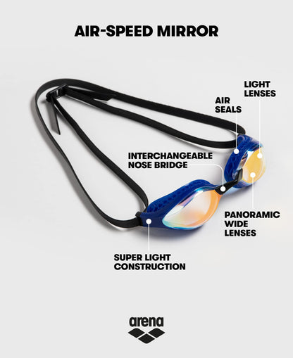 arena Airspeed Mirror Anti-Fog Unisex Competitive Swim Goggles for Adults, Goggles with Wide Lenses, UV Protection, 3 Interchangeable Nose Bridges, Air-Seals Seals