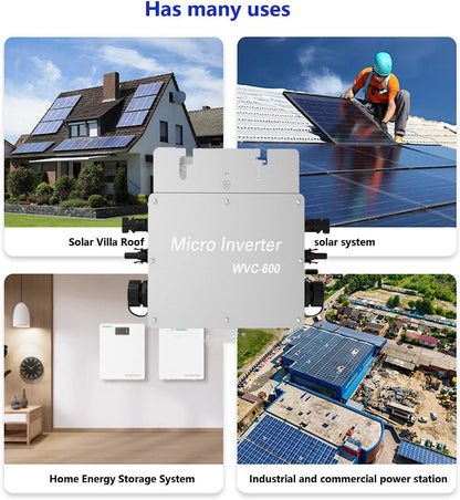 600W inverter balcony power plant, solar waterproof inverter, max PV input power 2 X 375 watts inverter solar with WLAN app for 2 solar panels, MPPT/IP65 waterproof 120-230V AC, silver.