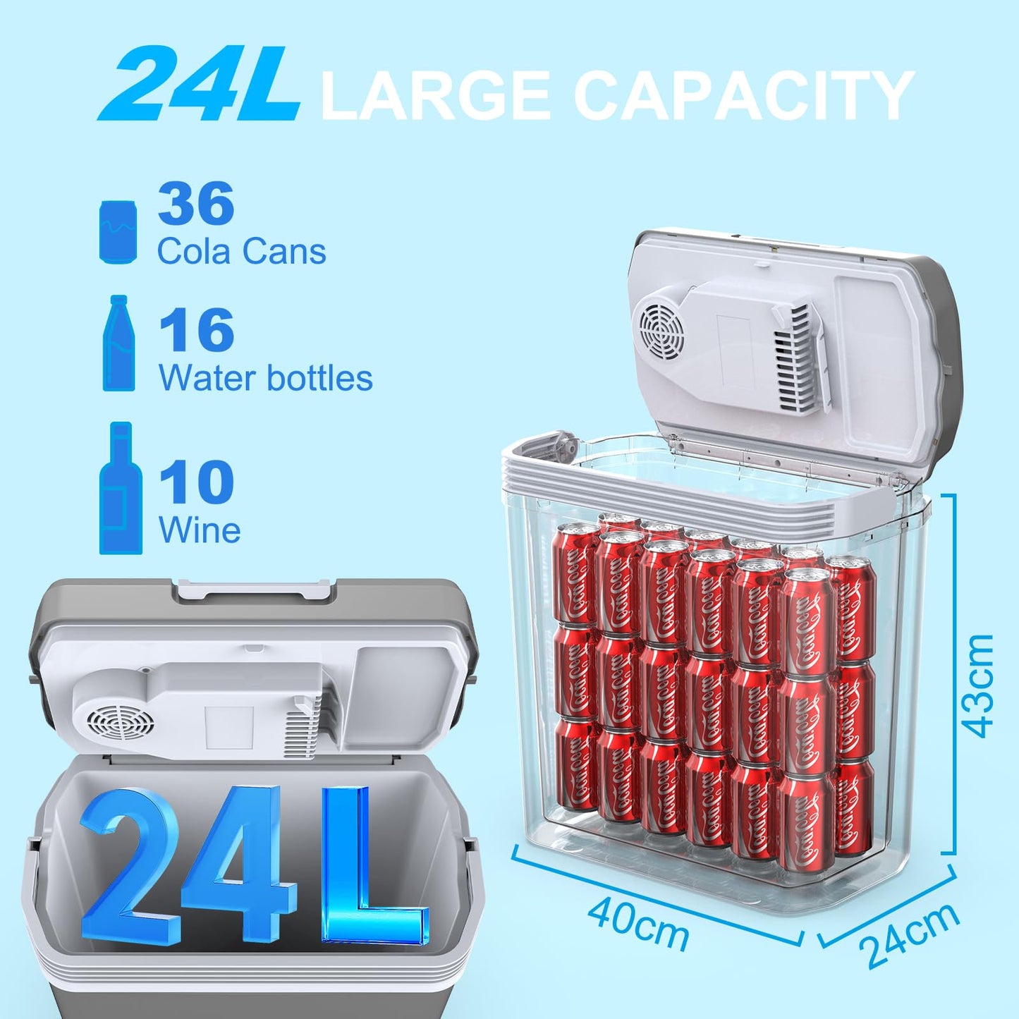 24-liter cooler box, 2-in-1 electric cooler 12V 230V cooling and heating mini fridge with ECO & MAX mode, for car and home Quiet.