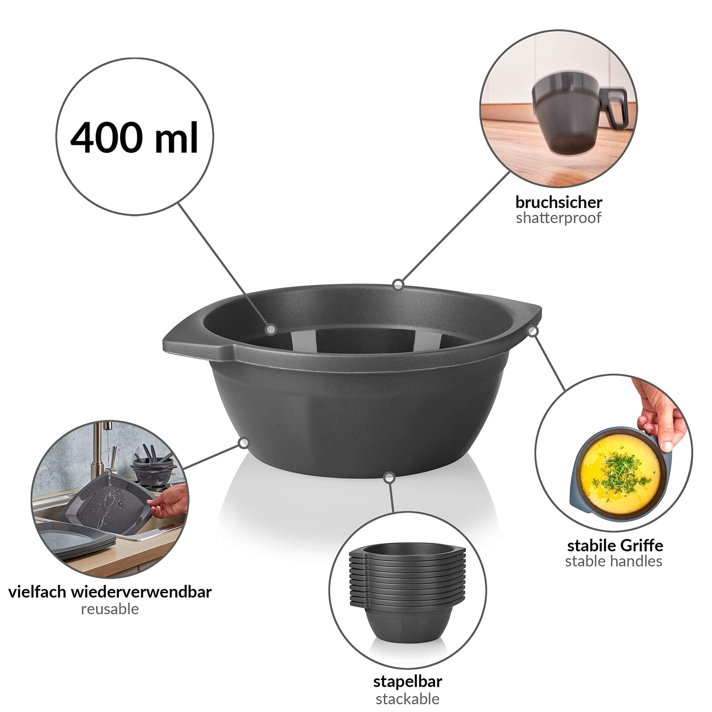 Grizzly party tableware set. 30-piece set of reusable cereal bowls. Dishwasher safe, shatterproof, sturdy, 100% recyclable. Reusable anthracite bowls.