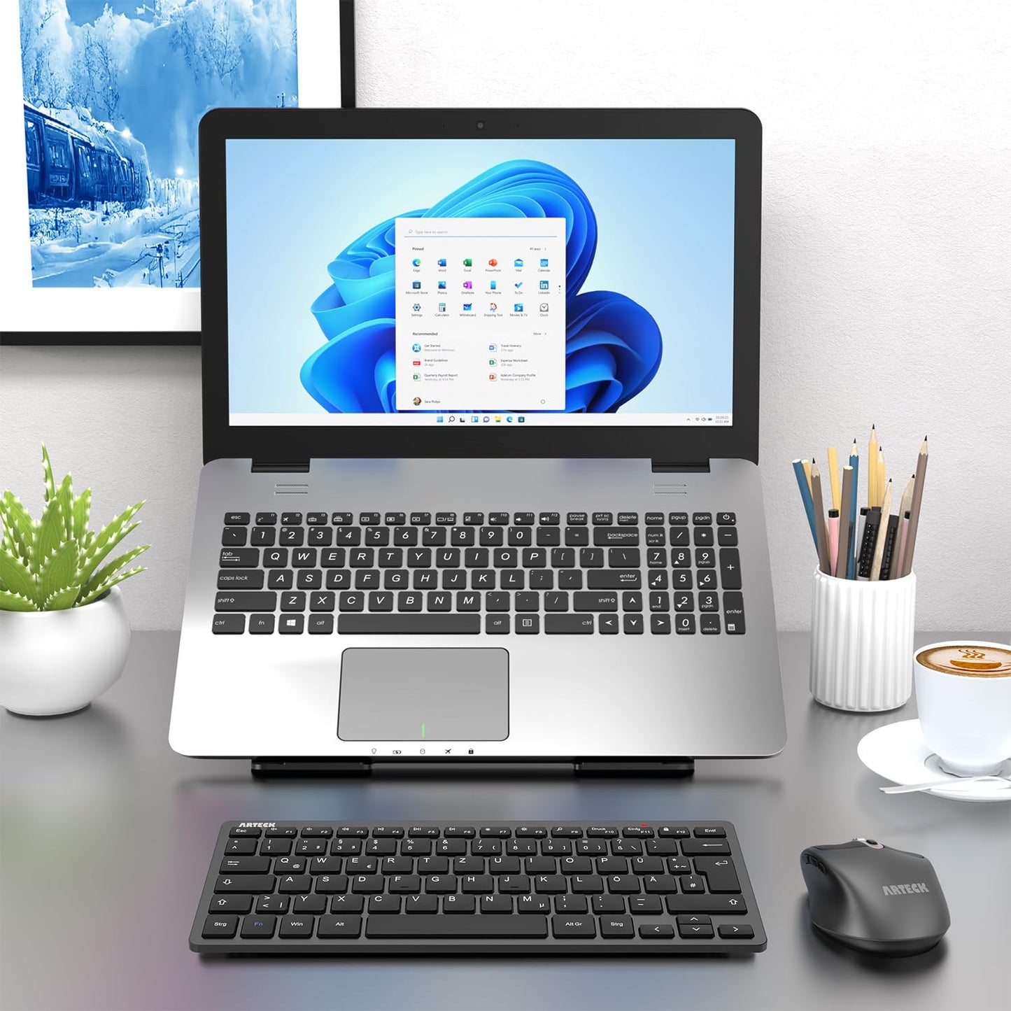 Arteck Wireless Keyboard, German QWERTZ Layout Compact USB 2.4 GHz Mini Wireless Keyboard with Multimedia Keys, Compatible with PC, Notebook, Laptop, Windows 11, 10, 8 Black.