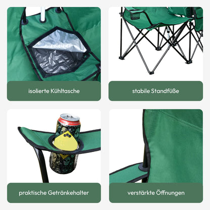TRAVORA 2-person partner camping chair with sunshade and cooler compartment and logo - folding camping chair for two people - folding chair camping - camping chair fishing chair as a double seater (green)