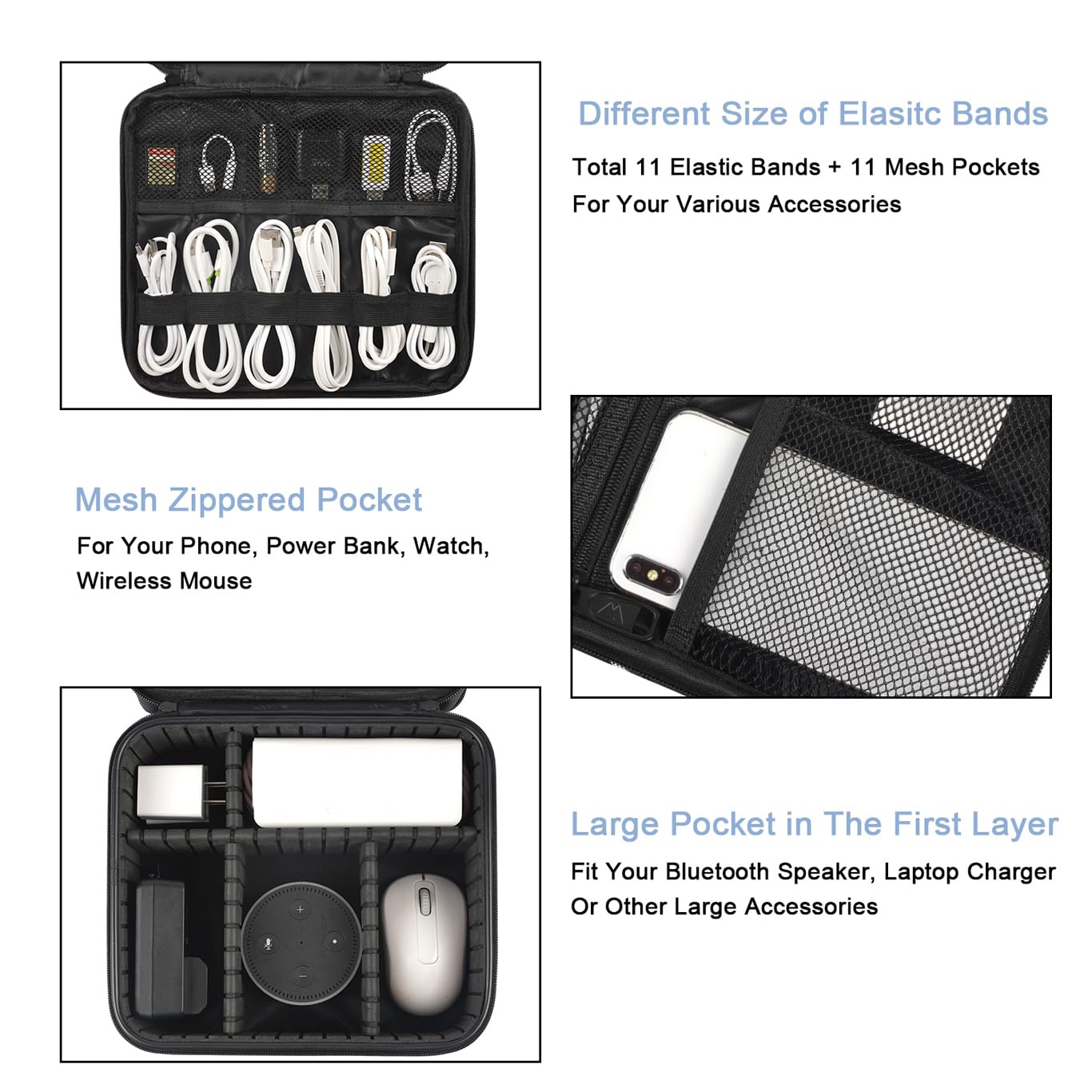 MATEIN Cable Bag Organizer, Cable Storage Travel 3-Layer Cable Organizer Cable Storage Cable Organizer Bag Charger Electronics Bag for Phone, Black