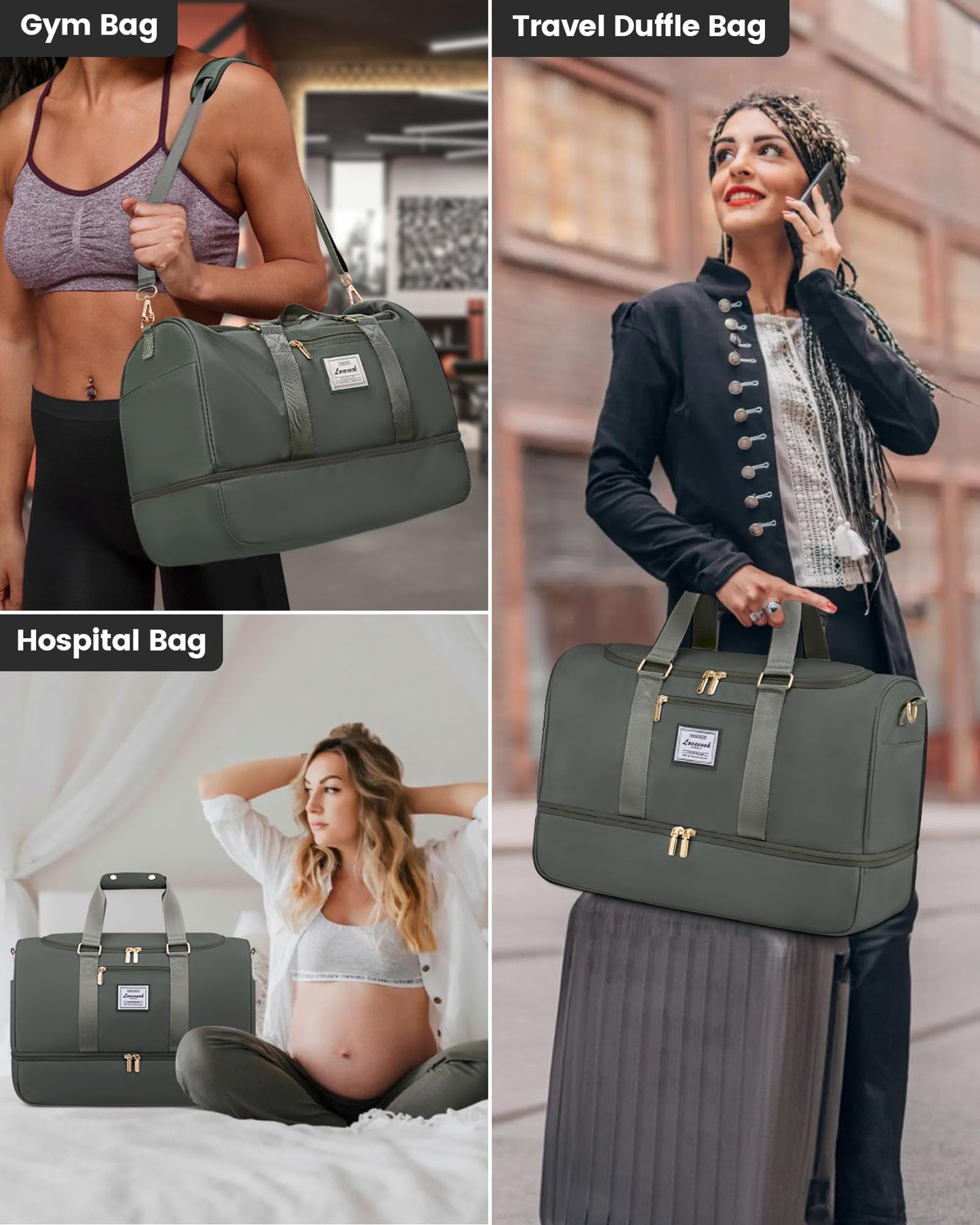 LOVEVOOK sports bag for women, weekender travel bag with toiletry bag, shoe compartment & wet pocket, waterproof beach bag swim bag sauna bag, carry-on bag for sports vacation, green