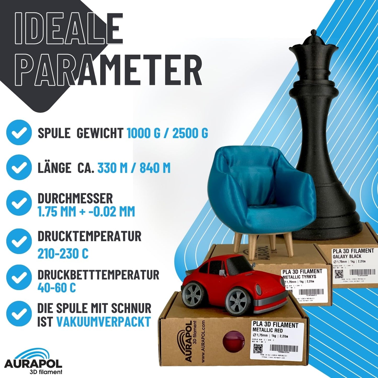 AURAPOL Filament 1.75 PLA, 3D printer filament, PLA filament with precision 1.75 mm +/- 0.02 mm, Premium 3D filament compatible with most FDM (FFF) 3D printers and 3D pens.