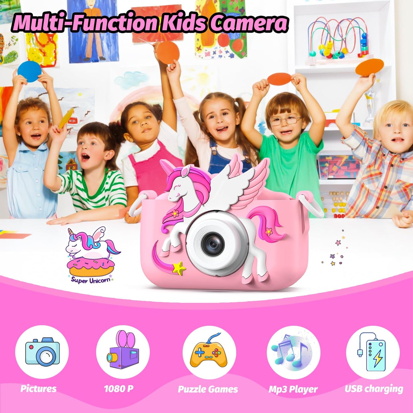 Children's camera, Unicorn Selfie Digital Camera with 32GB Card, Christmas birthday gift for boys and girls, 1080P HD Kids Camera, gifts toy for 3 4 5 6 7 8 9 10 11 12 years.