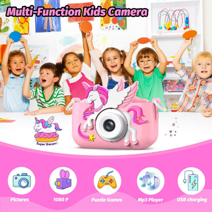 Children's camera, Unicorn Selfie Digital Camera with 32GB Card, Christmas birthday gift for boys and girls, 1080P HD Kids Camera, gifts toy for 3 4 5 6 7 8 9 10 11 12 years.