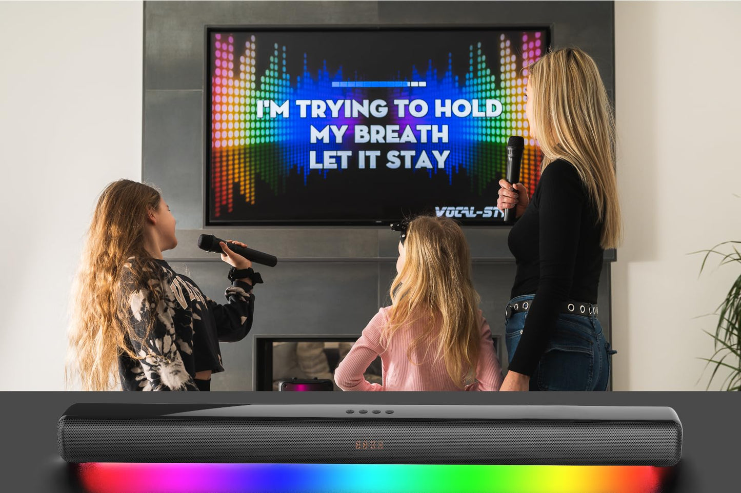 Vocal-Star Karaoke Machine, Soundbar, 250w, 2 wireless UHF microphones, wall mount, 9 RGBW light effects, remote control, HDMI ARC, BT, AUX, Optical.