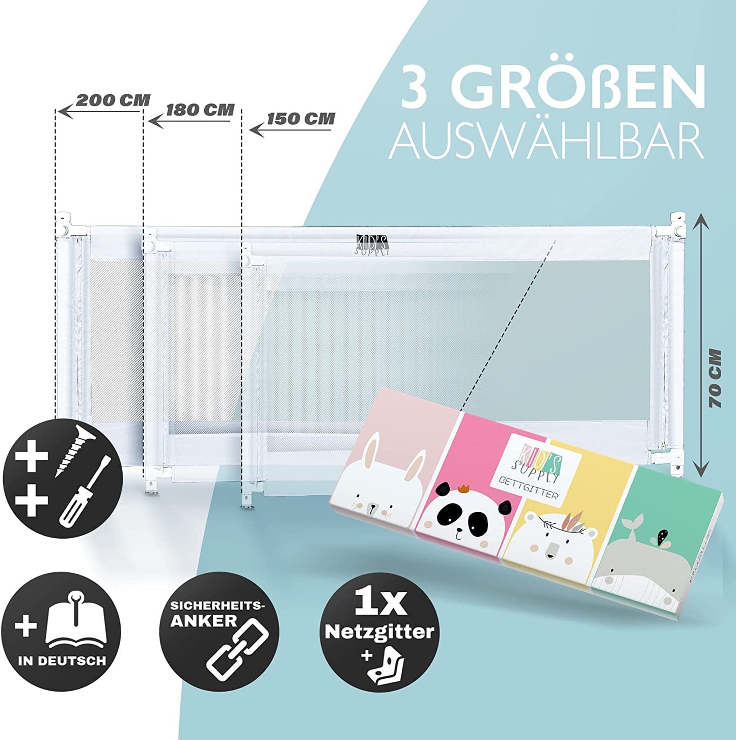 Kids Supply bed rail - Safe & height-adjustable bed guardrail [70-90cm] - Bed rail for children's bed & parents' bed [One side] (150 x 80 cm)