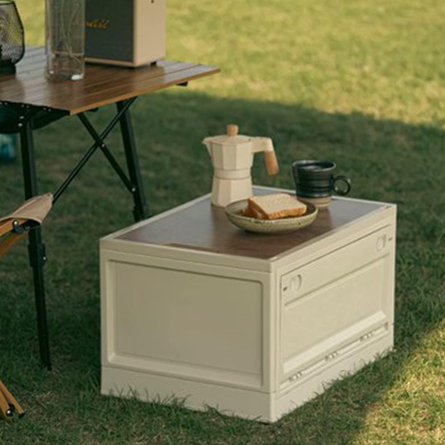RMAN storage box with lid 38L camping cupboard foldable plastic storage container with lid storage crates cushion box as tabletop for outdoor camping car trunk - White