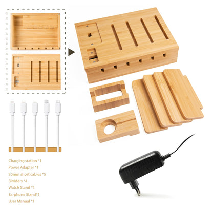 TechDot Bamboo Charging Station Multiple Devices 5 Port USB Multi Charging Station Bamboo for Phones Smartphones Tablets Wood Charging Station