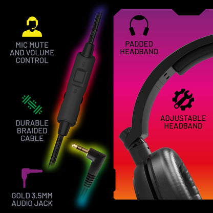 Stealth C6-100 LED Over Ear Gaming Headset for PS4/PS5, Xbox, Nintendo Switch, PC. Features flexible microphone, 3.5mm jack, 1.5m cable, lightweight, comfortable and durable.