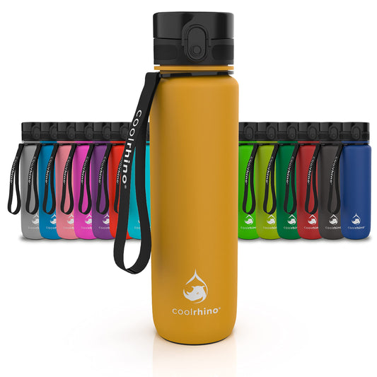 coolrhino Water Bottle 1000ml for sports, outdoor, school, fitness & kids - Leak-proof and BPA-free - Bottle suitable for carbonated drinks (Rhino Sun Yellow, 1000ml)