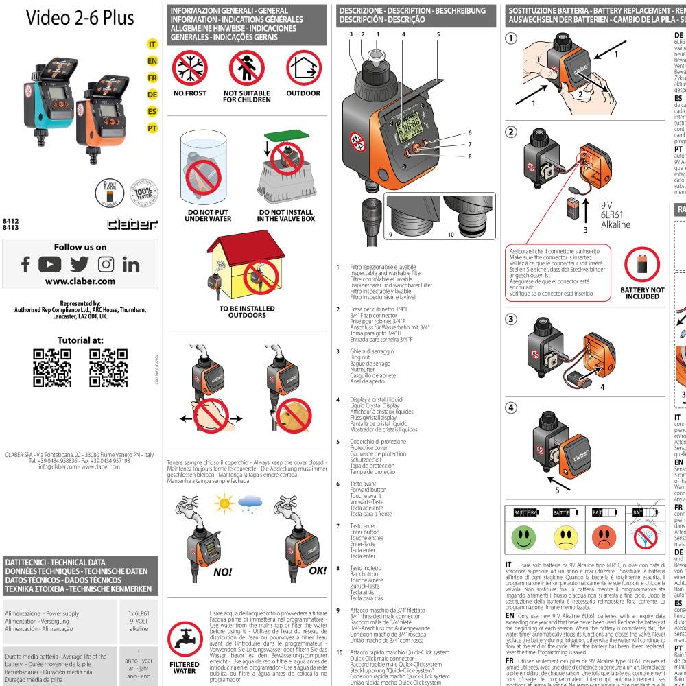 Claber Aquauno Video-2 Plus, Automatic one-way irrigation computer