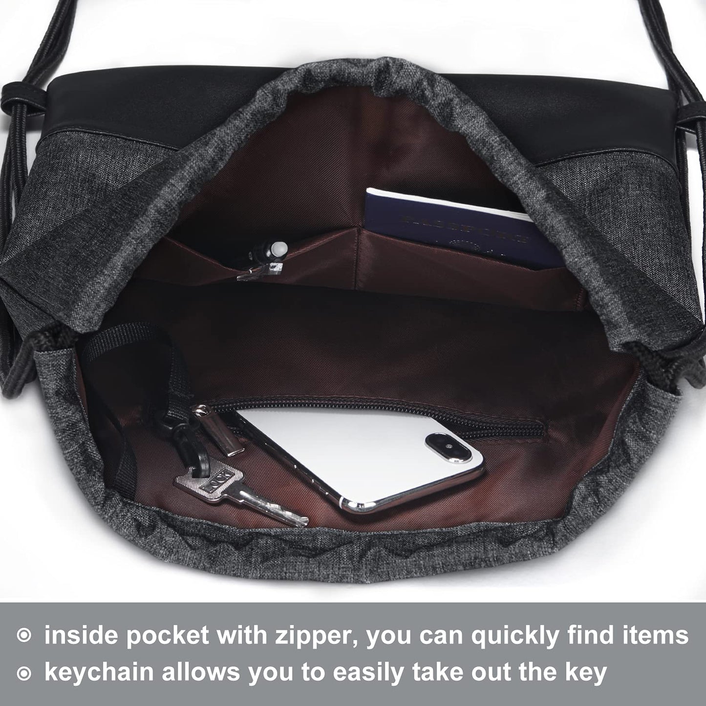 LIVACASA gym bag, made of water-resistant material with leather accents, lined with inner pocket and keychain. Perfect for men and women, this black gymsack includes an outer pocket and money pouch.