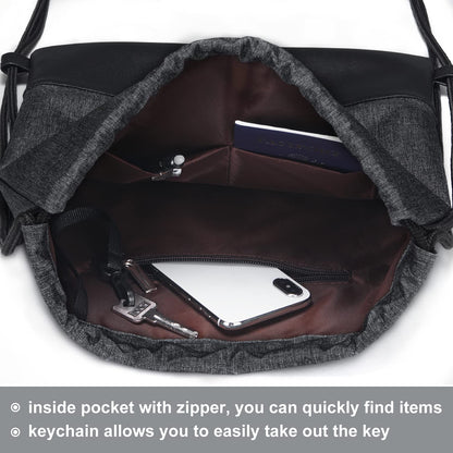 LIVACASA gym bag, made of water-resistant material with leather accents, lined with inner pocket and keychain. Perfect for men and women, this black gymsack includes an outer pocket and money pouch.