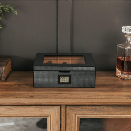 CASE ELEGANCE MAG Desktop-Humidor, simple humidification system, precise digital hygrometer, carbon fiber, magnetic seal, for 20-30 cigars