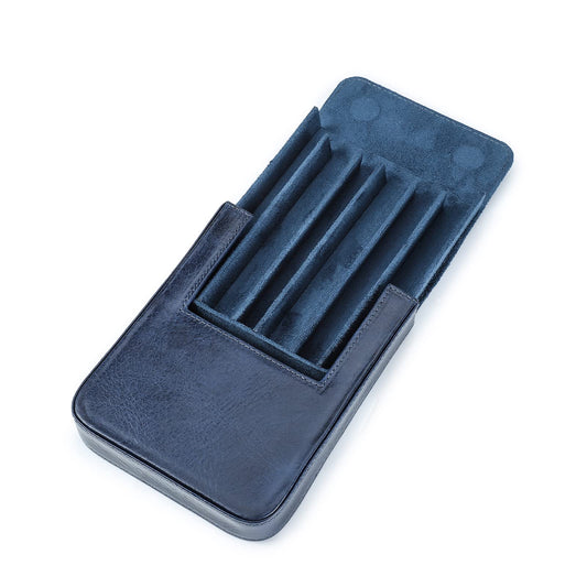 Hiram leather fountain pen case for 6 pens, Portable leather pen storage box with hidden magnetic snap closure design (Blue)