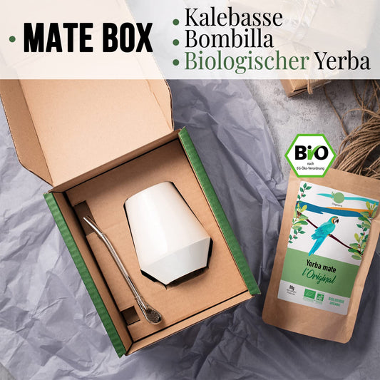 ORIGEENS MATE TEA SET with Mate Cup from Portugal, Bombilla, and organic Yerba Mate Tea - Original gift set.