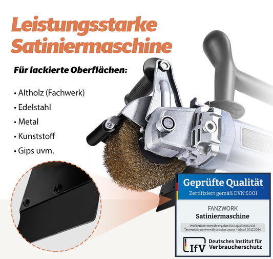 FANZWORK V2 1500 Watt Satiniermaschine for renovating all kinds of surfaces, with dust extraction connection, speed control, ball handle, steel wire & nylon & sandpaper brush.