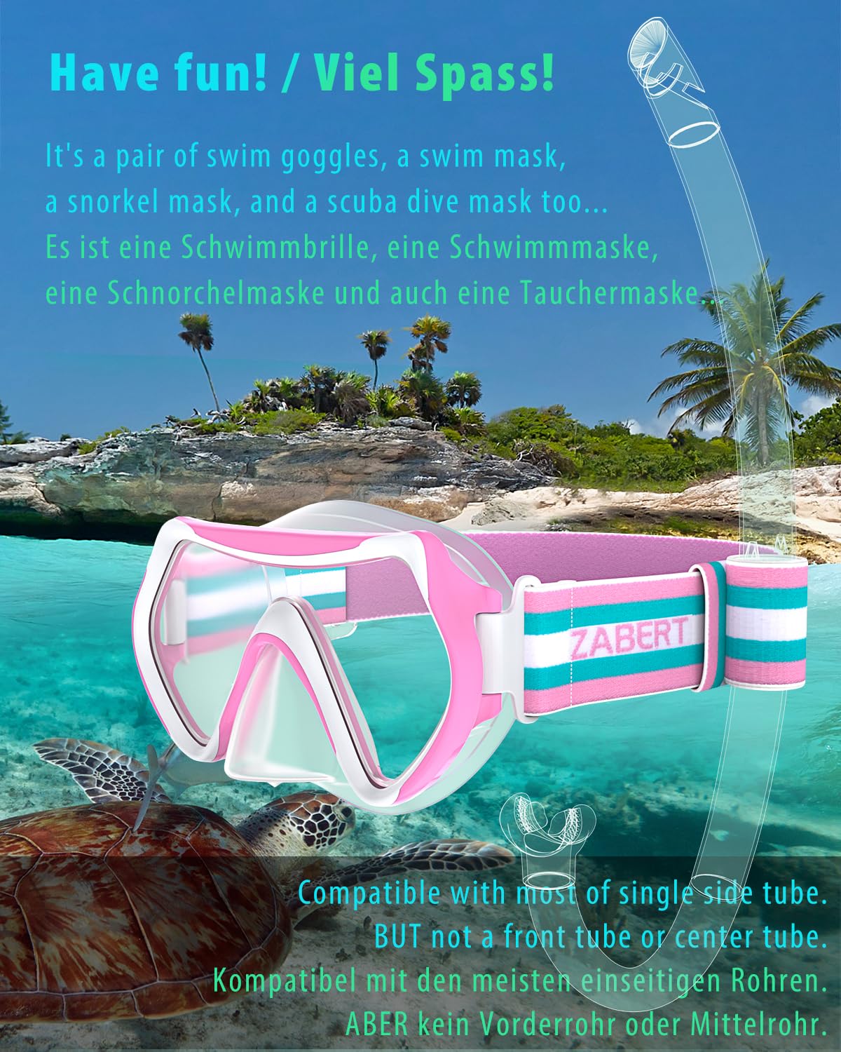ZABERT M9 kids diving mask, girls swimming goggles for 2 3 4 5 6 years, child snorkel mask dive mask kid diving mask swimming mask V2 pink white