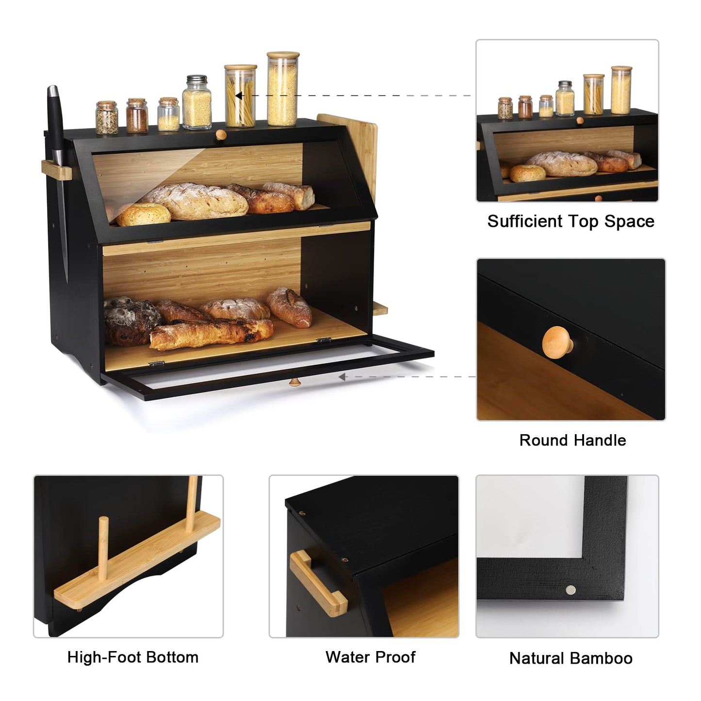 Leader Accessories Bamboo Bread Box 2-Layer Bread Bin with Bread Cutting Board food safe Bread Storage easy to clean 50x25x37cm Black