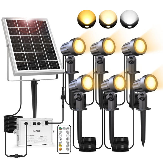 Left outdoor solar spotlights 6 pack with remote control, IP66 waterproof, dimmable with timing function and memory storage. Comes with ground spike for garden bushes and trees.