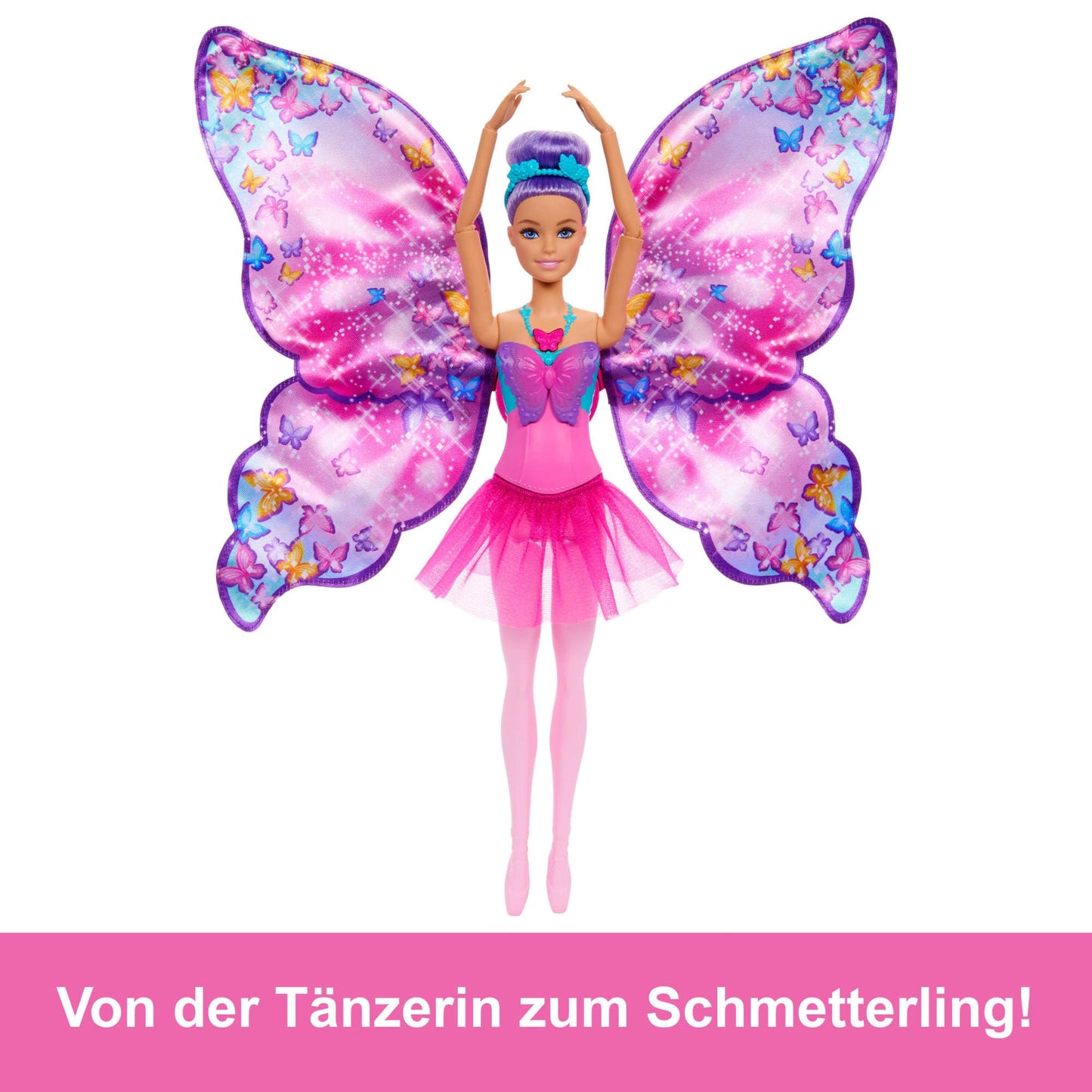 Barbie Dance and Flutter Doll with 2-in-1 transformation from dancer to butterfly with opening wings, purple hair, hair accessory, and removable tutu, HXJ10.