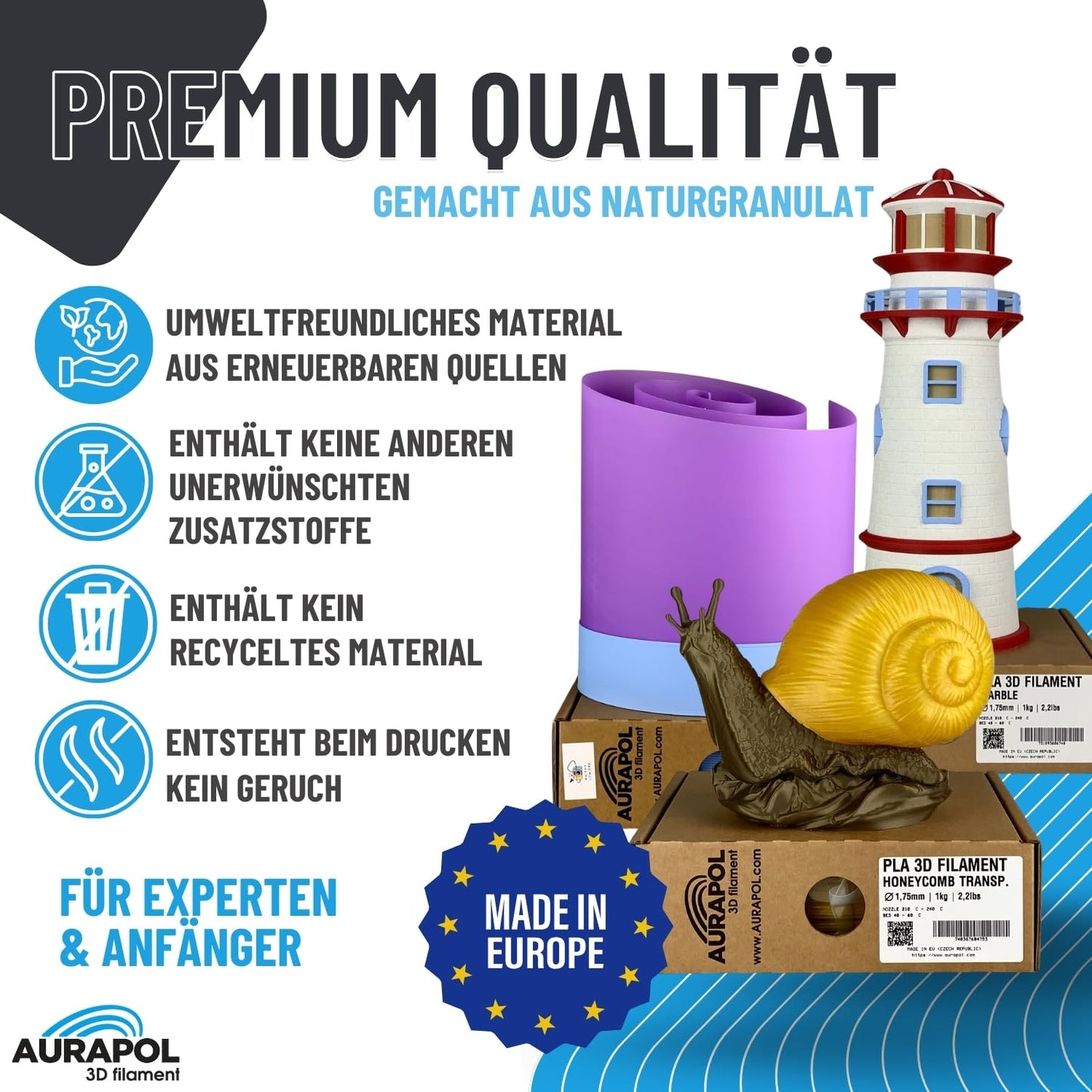 AURAPOL Filament 1.75 PLA, 3D printer filament, PLA filament with precision 1.75 mm +/- 0.02 mm, Premium 3D filament compatible with most FDM (FFF) 3D printers and 3D pens.
