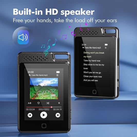 64GB MP3 player with Bluetooth 5.3, 2.4" full touchscreen, metal cover, portable with speaker, voice recording, FM radio, supports 128GB kids MP3 player.