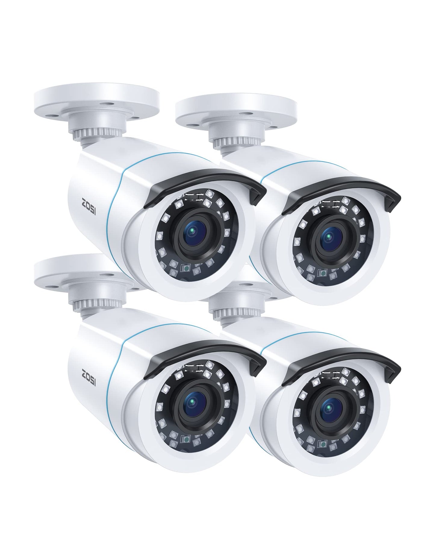 ZOSI 4-piece 2MP 1080P outdoor video surveillance camera set with power supply and video cable, 1080P TVI HD BNC output, for indoor and outdoor use, additional camera for CCTV DVR system.
