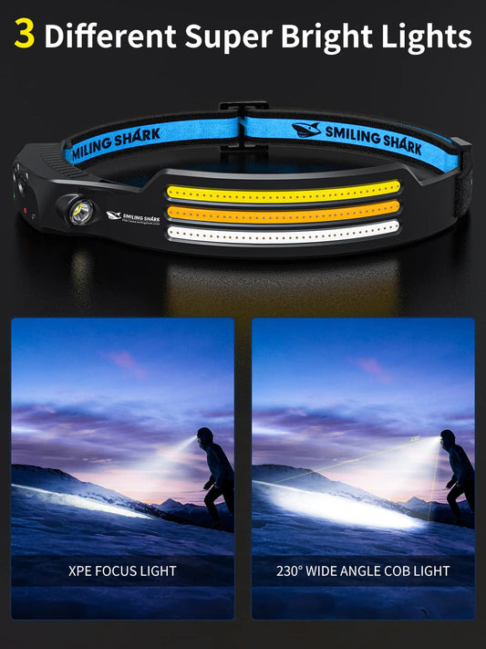 Smiling Shark headlamp, 230° wide angle 3-color LED strip 2 pack headlight rechargeable with waterproof headlamp for camping, jogging, fishing, LED headlight camping headlamp