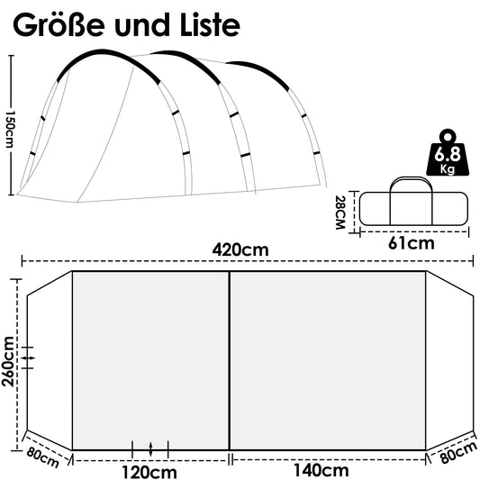 Camping tent for 4 people, 5000mm waterproof tunnel tent. Family tent, group tent, vestibule, sun shade, tipi tent. Large camping tent with sleeping cabin, glamping tent with removable tent floor.
