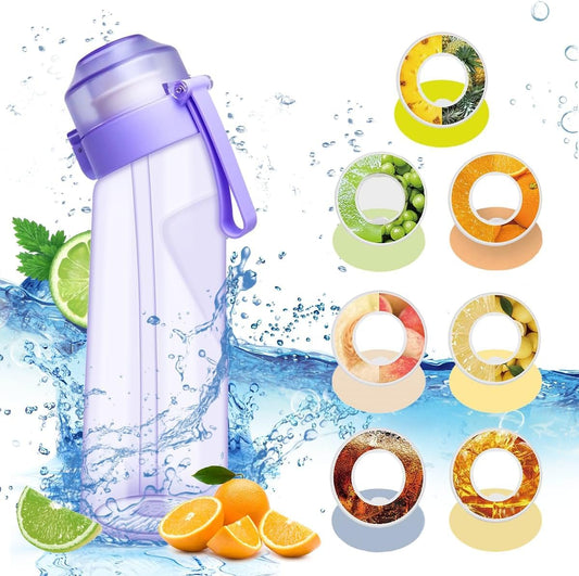 Air-water bottle, BPA-free, 650 ml, fruit-scented, water bottle with 5 flavors, leak-proof, sports water cup with straw, violet.