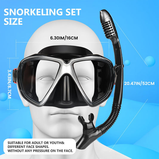 Adult Snorkel Set Snorkeling Gear Anti-Fog Panoramic Dive Mask and Dry Snorkel Anti-Leak Snorkel Mask for Freediving, Snorkeling, Swimming (Black Set)