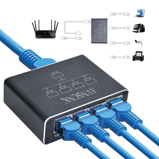 Network Switch 1 to 4, AVNSCNK 1000 Mbps LAN Switch 4 Port Gigabit LAN Distributor, Ethernet Switch with USB C power cord for computer, switch, router, set-top box, ADSL, digital TV.