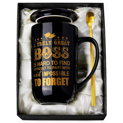 Doublewhale Boss Gifts, Best Boss Mug, Gifts for Men for Birthday, Farewell, Night Out, Retirement, Boss Day, Christmas, 530ml, black ceramic coffee mug with spoon lid card, beautiful.